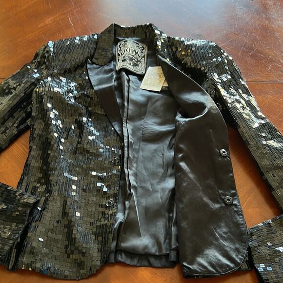 Guess Black Sequin Blazer Jacket Woman Size Small Satin Lined Special Occasion - Picture 7 of 12